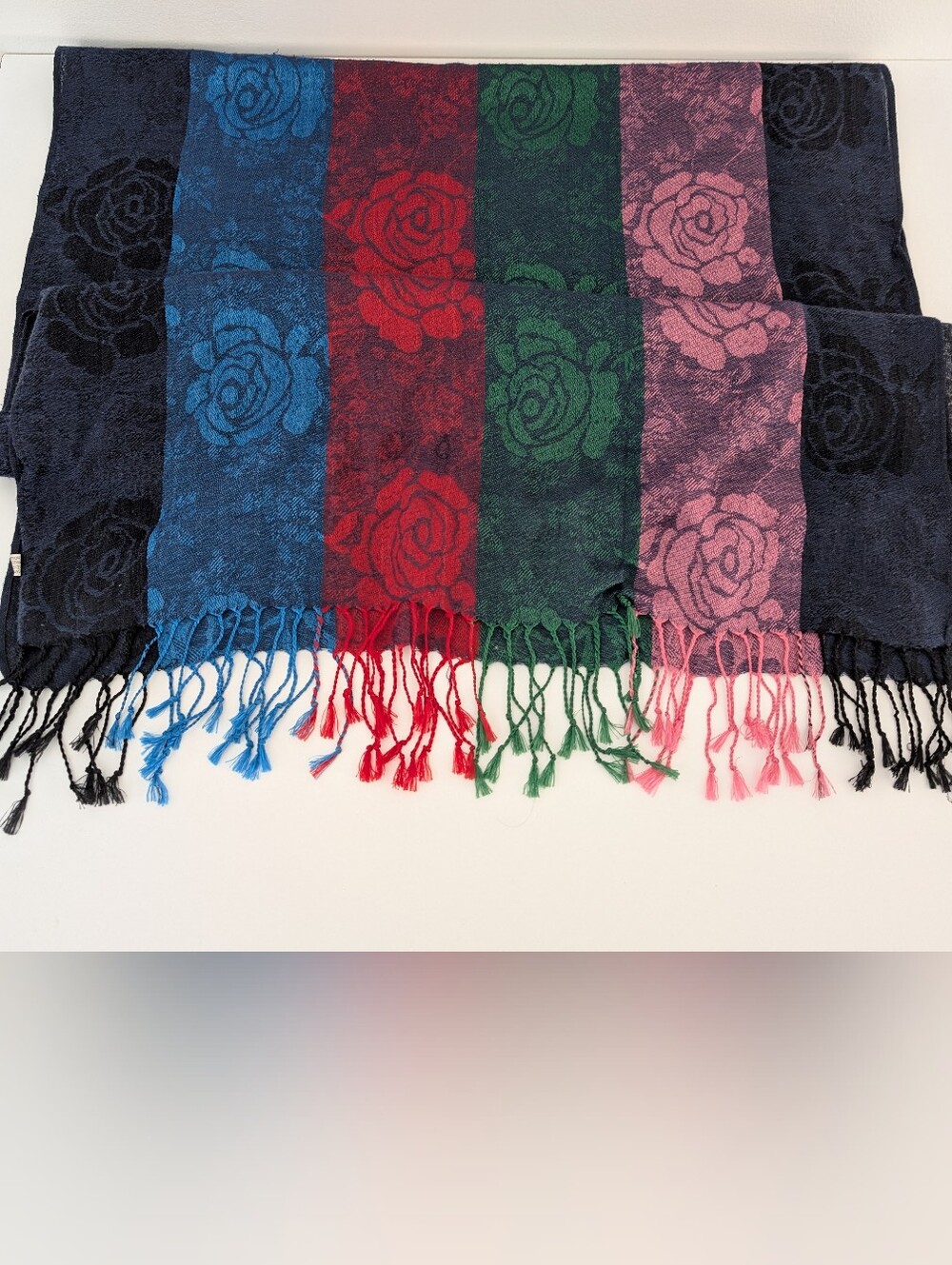 Woven Floral Shawl Multicolor Rose Jacquard Pattern Fringe Edges Oversize Scarf - Picture 5 of 7